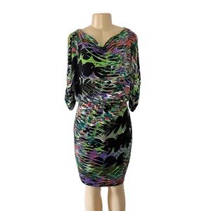 Maggy London‎ Black Abstract Multicolor Cold Shoulder Short Sleeve Dress